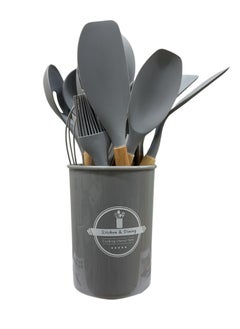 Lukadah 12 Pcs Silicone Cooking Utensils Kitchen Utensil Set - 446°F Heat Resistant,Wooden Handle, BPA Free Non-Scratch Non-Stick | Turner Tongs, Spatula, Spoon, Brush, Whisk, Wooden Handle Gray Kitchen Gadgets with Holder for Nonstick Cookware  - Image 1