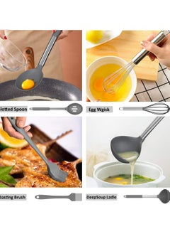 Lukadah 12 Pcs Silicone Cooking Utensils Kitchen Utensil Set - 446°F Heat Resistant,Wooden Handle, BPA Free Non-Scratch Non-Stick | Turner Tongs, Spatula, Spoon, Brush, Whisk, Wooden Handle Gray Kitchen Gadgets with Holder for Nonstick Cookware  - Image 3
