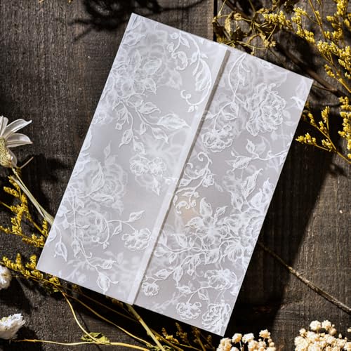 Puremigo 50 Pack Pre-Folded Vellum Jackets for 5x7 Invitations - White Flower - 115GSM Vellum Paper 5x7 Jackets - Wedding Invitations Wraps - Transparent Wedding - Image 4