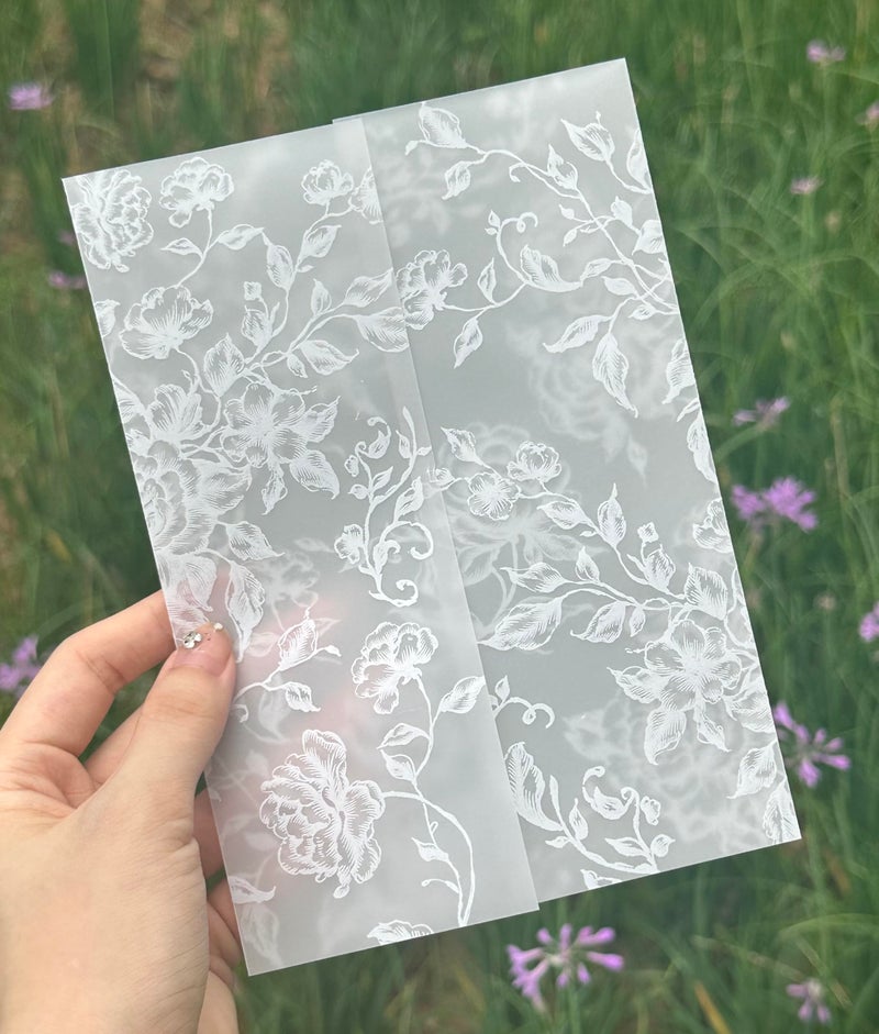 Puremigo 50 Pack Pre-Folded Vellum Jackets for 5x7 Invitations - White Flower - 115GSM Vellum Paper 5x7 Jackets - Wedding Invitations Wraps - Transparent Wedding - Image 1