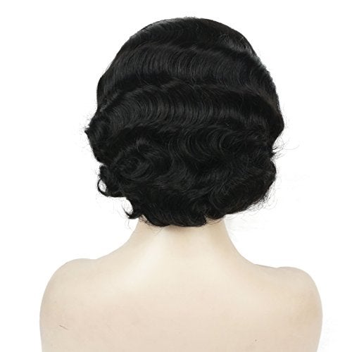Lydell Vintage Cosplay Party Wig Short Finger Wavy Flapper Hairpiece +Free Wig Cap (Natural Black) - Image 4