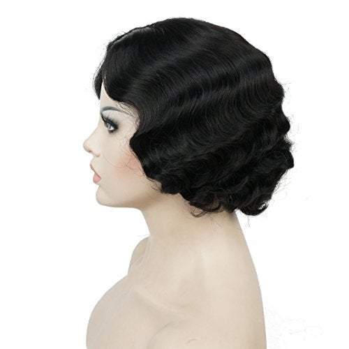 Lydell Vintage Cosplay Party Wig Short Finger Wavy Flapper Hairpiece +Free Wig Cap (Natural Black) - Image 3