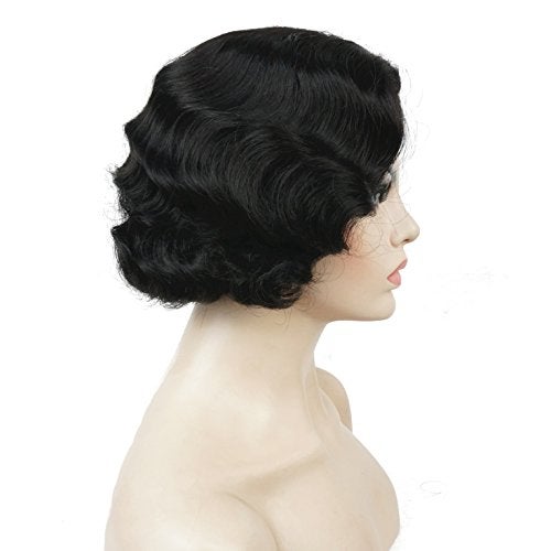 Lydell Vintage Cosplay Party Wig Short Finger Wavy Flapper Hairpiece +Free Wig Cap (Natural Black) - Image 2