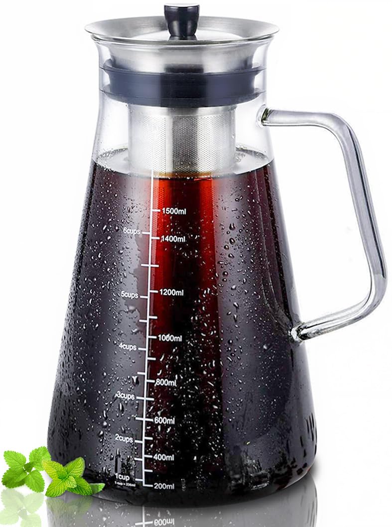 Aquach Airtight Cold Brew Coffee (Iced Tea) Maker 51oz/1.5L, BPA-Free, Durable Borosilicate Glass Pitcher and Stainless Steel Fine-Mesh Filter, Dishwasher Safe, Spill-proof, 6 Cups Capacity - Image 1