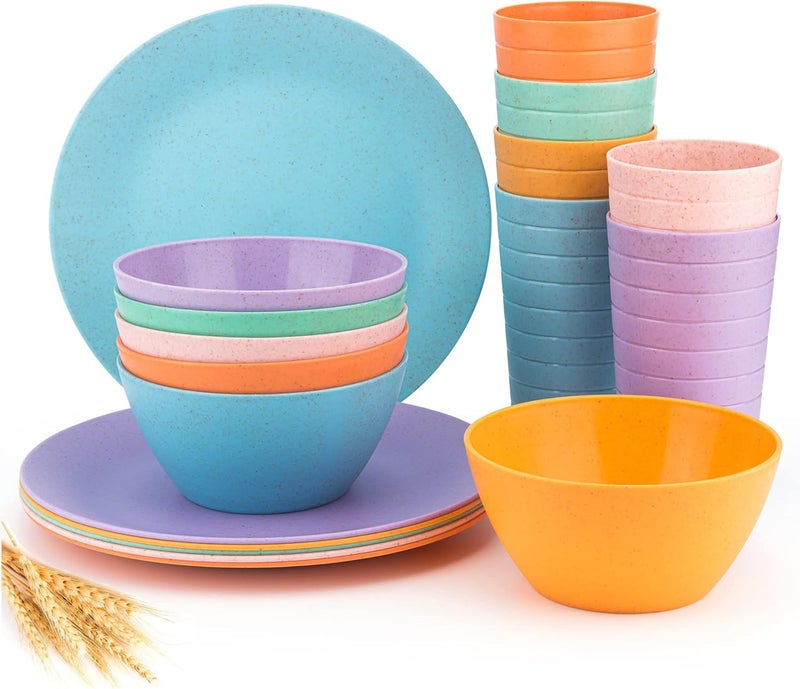KX-WARE Wheat Straw Dinnerware Unbreakable Wheat Straw Tumblers, Bowls & Plates Dinnerware Set | Set of 18 in 6 Assorted Color | Dishwasher safe , BPA Free - Image 1