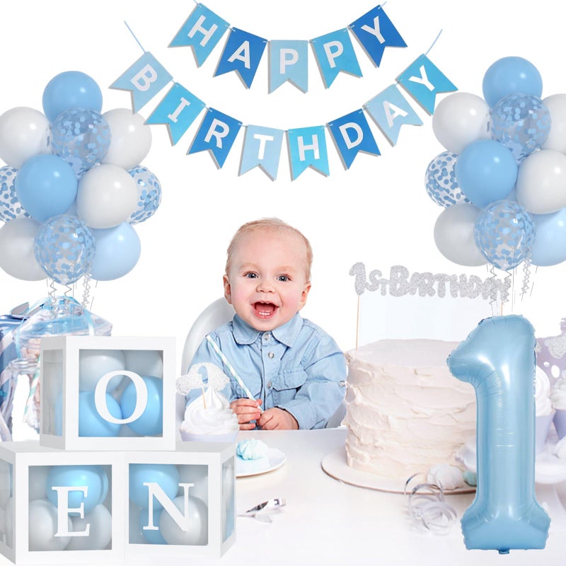Yumiche First Birthday Decorations For Boy-40 Inch Blue 1 Number, Baby Blue White Balloons, Happy Birthday Balloons And One Balloon Boxes For Kids One Year Old Birthday Decorations - Image 3