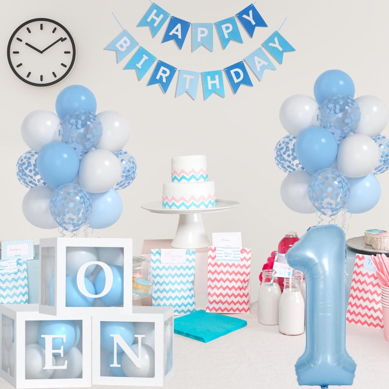 Yumiche First Birthday Decorations For Boy-40 Inch Blue 1 Number, Baby Blue White Balloons, Happy Birthday Balloons And One Balloon Boxes For Kids One Year Old Birthday Decorations - Image 5