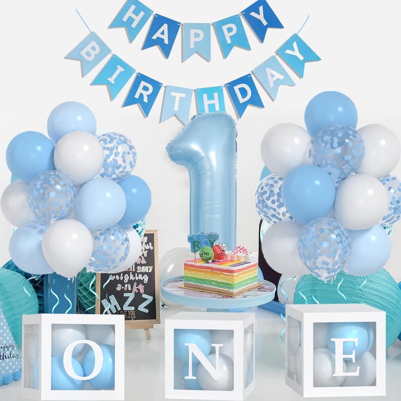 Yumiche First Birthday Decorations For Boy-40 Inch Blue 1 Number, Baby Blue White Balloons, Happy Birthday Balloons And One Balloon Boxes For Kids One Year Old Birthday Decorations - Image 2