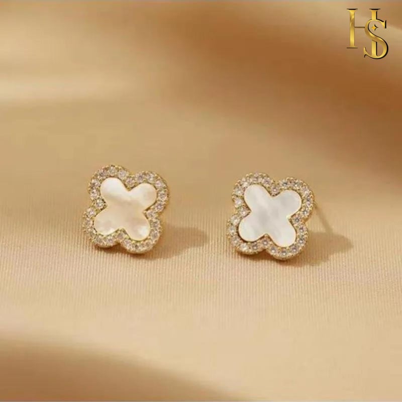 HighSpark Clover Earrings for Women | Hypoallergenic Studded Clover Stud Earrings | Lovely Gift - Studded White - Image 4