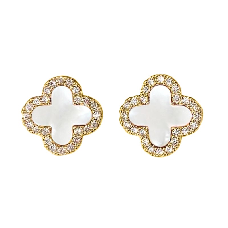 HighSpark Clover Earrings for Women | Hypoallergenic Studded Clover Stud Earrings | Lovely Gift - Studded White - Image 1