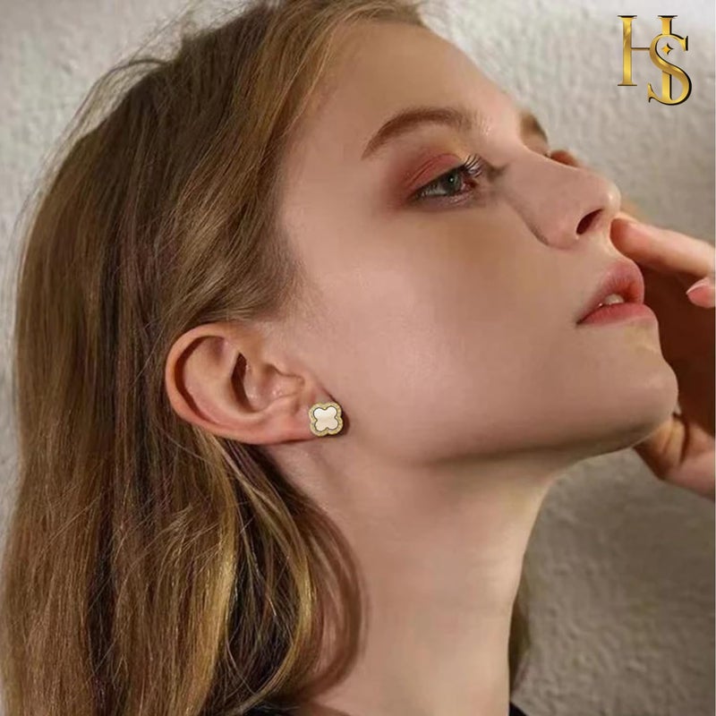 HighSpark Clover Earrings for Women | Hypoallergenic Studded Clover Stud Earrings | Lovely Gift - Studded White - Image 3