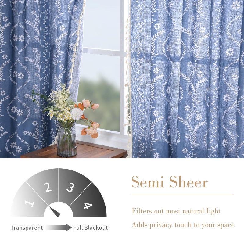 Schweek Navy Blue Western Rustic Boho Curtains 96 Inch Length, Farmhouse Linen Floral Curtains for Bedroom Living Room Vintage Printed Patterned Long Curtain Drapes - Image 3