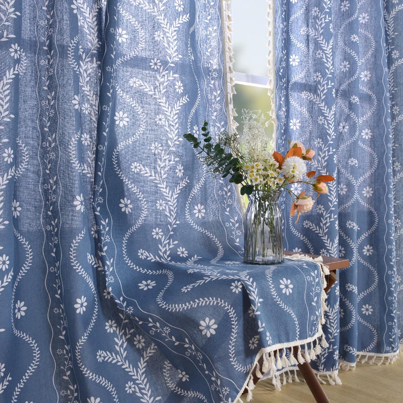 Schweek Navy Blue Western Rustic Boho Curtains 96 Inch Length, Farmhouse Linen Floral Curtains for Bedroom Living Room Vintage Printed Patterned Long Curtain Drapes - Image 1