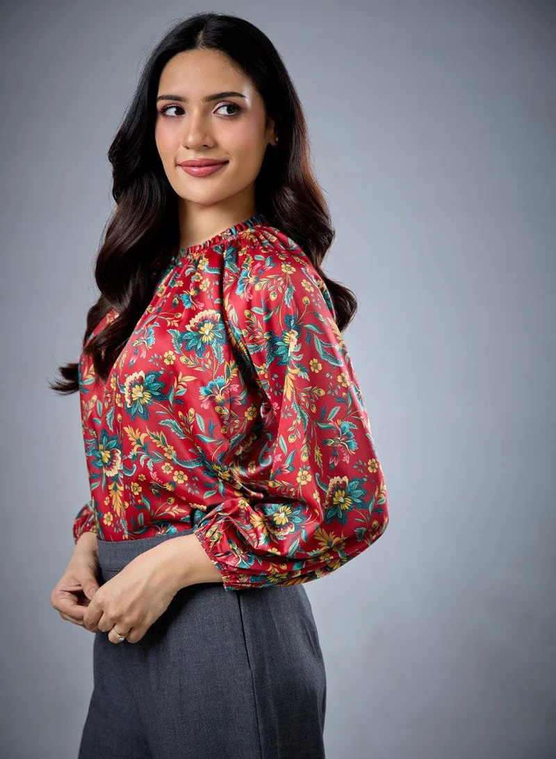 زجزاج Long Sleeve Bold Red Floral Top