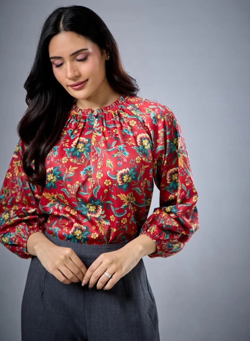 Zigzag Long Sleeve Bold Red Floral Top