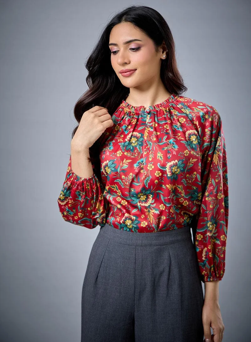 Zigzag Long Sleeve Bold Red Floral Top
