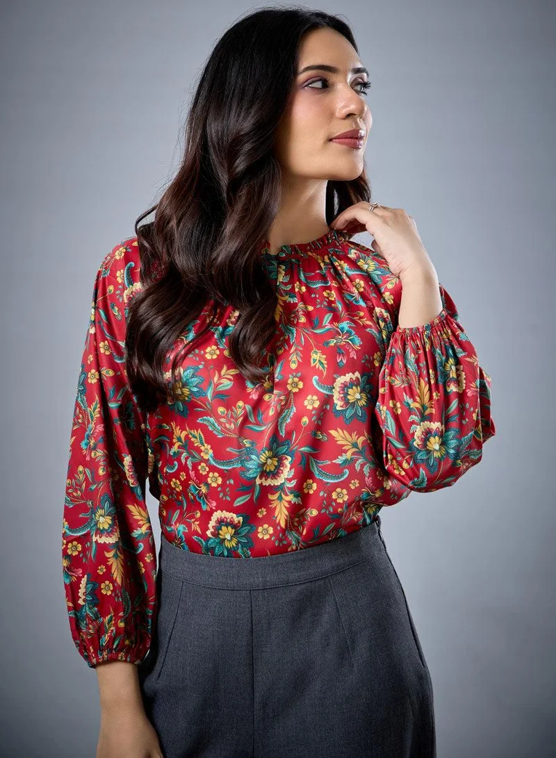 Zigzag Long Sleeve Bold Red Floral Top
