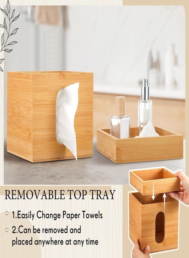 Skybooly Bamboo Tissue Box Cover with Storage Tray 6" x 6" x 7.4" Square Tissue Box Holder Decorative Cube Facial Tissue Holder for Bathroom Tissue Box Organizer for Office Toilet Bedroom Table - Image 5