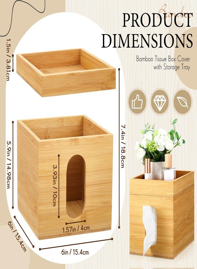 Skybooly Bamboo Tissue Box Cover with Storage Tray 6" x 6" x 7.4" Square Tissue Box Holder Decorative Cube Facial Tissue Holder for Bathroom Tissue Box Organizer for Office Toilet Bedroom Table - Image 2