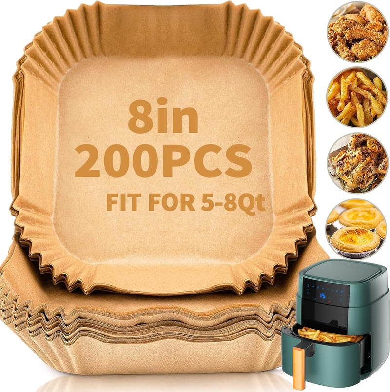 DSMY 200 PCS Air Fryer Disposable Paper Liners,8 Inch Square Parchment Disposable Paper Liner for 5-8QT Air Fryer,Baking, Roasting and Microwave, Non-Stick Airfryer Accessories - Image 1