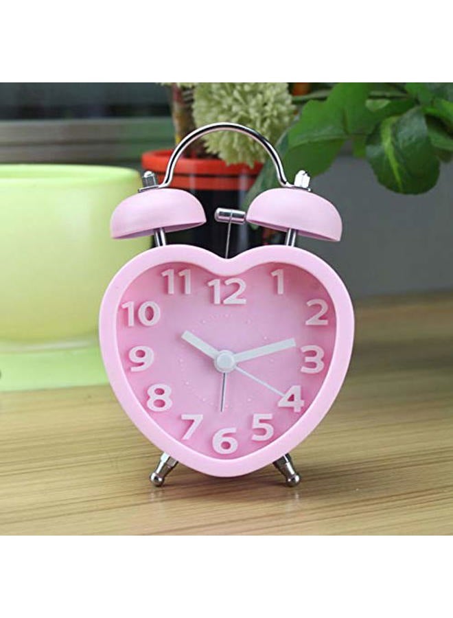 Monique Cute Desk & Shelf Alarm Clock Twin Bell Heart- Shaped Home Travel Table Alarm Clock with Nightlight Pink - Image 2