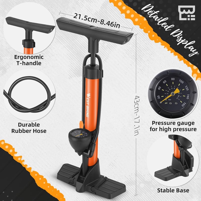 West Biking Bike Floor Pump with Pressure Gauge - Orange - Image 4