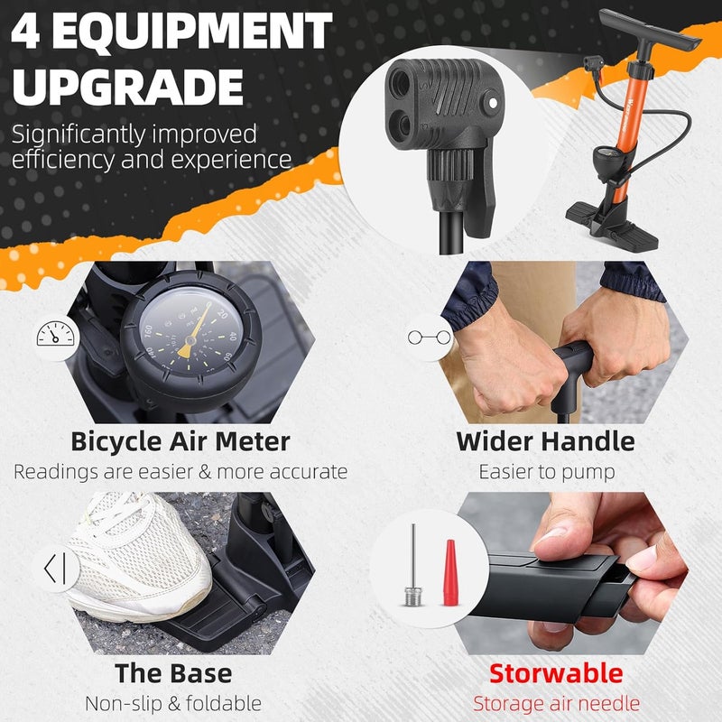 West Biking Bike Floor Pump with Pressure Gauge - Orange - Image 2