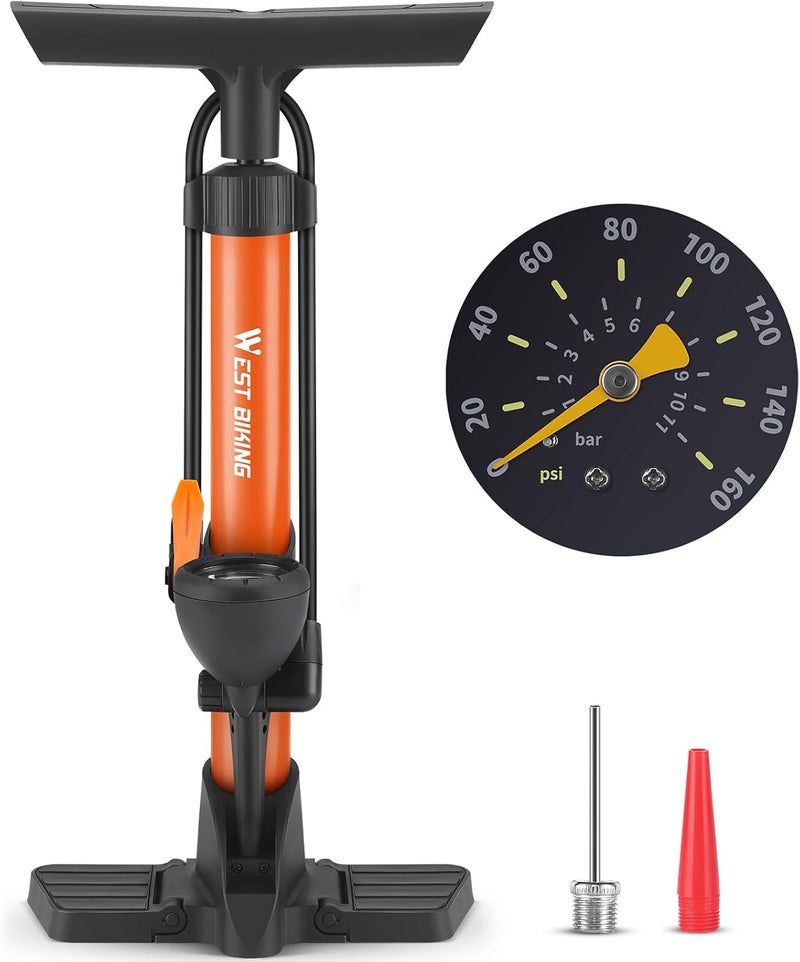 West Biking Bike Floor Pump with Pressure Gauge - Orange - Image 1