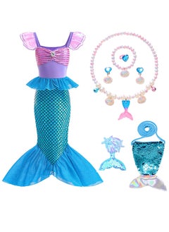 Generic Little Girls Mermaid Princess Costume Party Dress For Kids, Mermaid Costume Princess Dress Up With Accessories Including Pendant, Earrings, Hair Clips, Handbag (A)  - Image 1