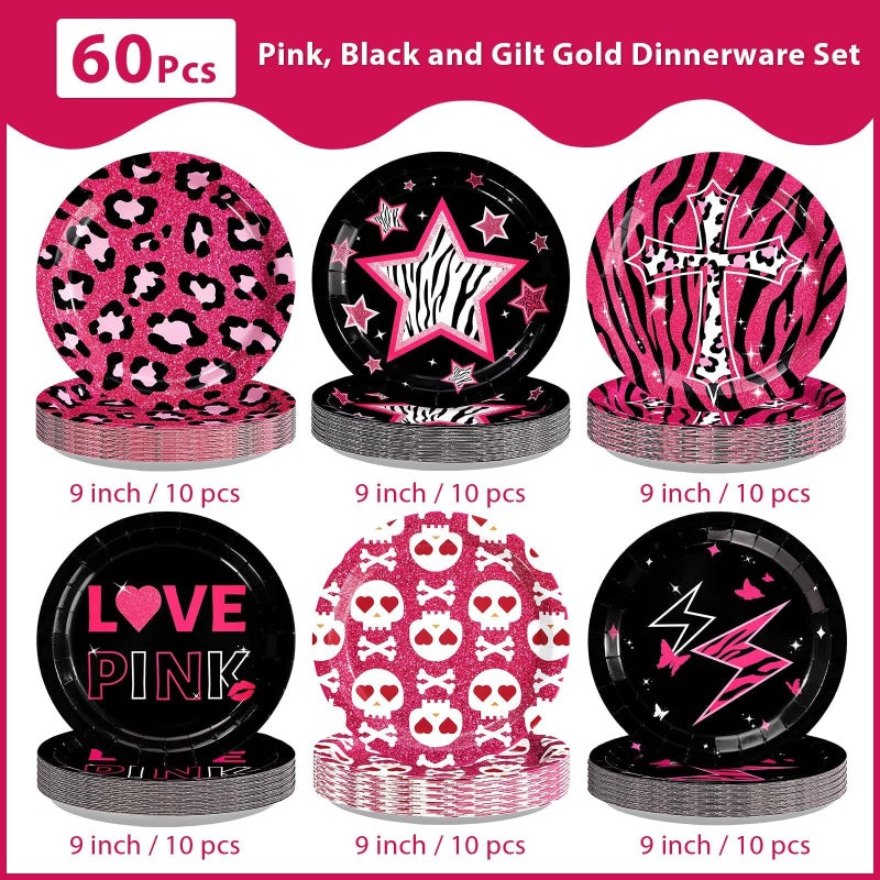 Greencian 60Pcs Trashy Y2k Decor Hot Pink and Black Plates 9" Early 2000s Dessert Cake Platters Disposable 2000s Paper Tableware Sets for Teen Girls Y2k Birthday Bachelorette Wedding Party Supplies - Image 4