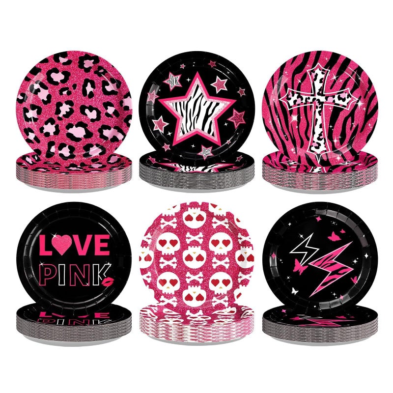Greencian 60Pcs Trashy Y2k Decor Hot Pink and Black Plates 9" Early 2000s Dessert Cake Platters Disposable 2000s Paper Tableware Sets for Teen Girls Y2k Birthday Bachelorette Wedding Party Supplies - Image 1