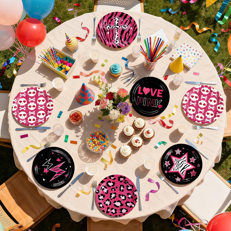 Greencian 60Pcs Trashy Y2k Decor Hot Pink and Black Plates 9" Early 2000s Dessert Cake Platters Disposable 2000s Paper Tableware Sets for Teen Girls Y2k Birthday Bachelorette Wedding Party Supplies - Image 3