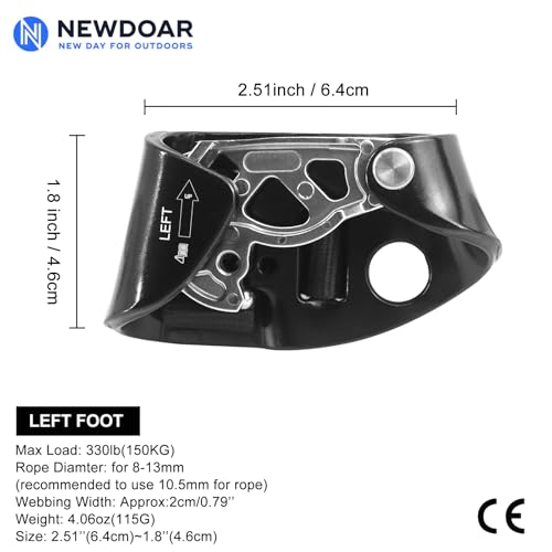 NewDoar Left Foot Ascender Riser Rock Climbing Tree Arborist Mountaineering Rappelling Quick Step Equipment CE Certified Climbing Device for 8~13MM Rope(Left Black) - Image 2