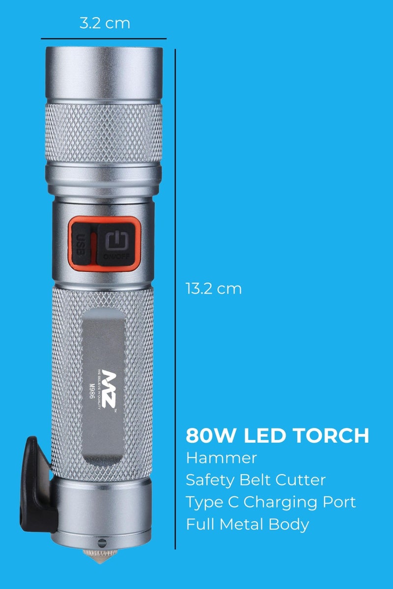 MZ M986 Car Emergency Light - Silver | with 3 Different Modes, Hammer and Seatbelt Cutter | Zoomable Torch Emergency Car Escape Tool | Window Breaker - Image 4