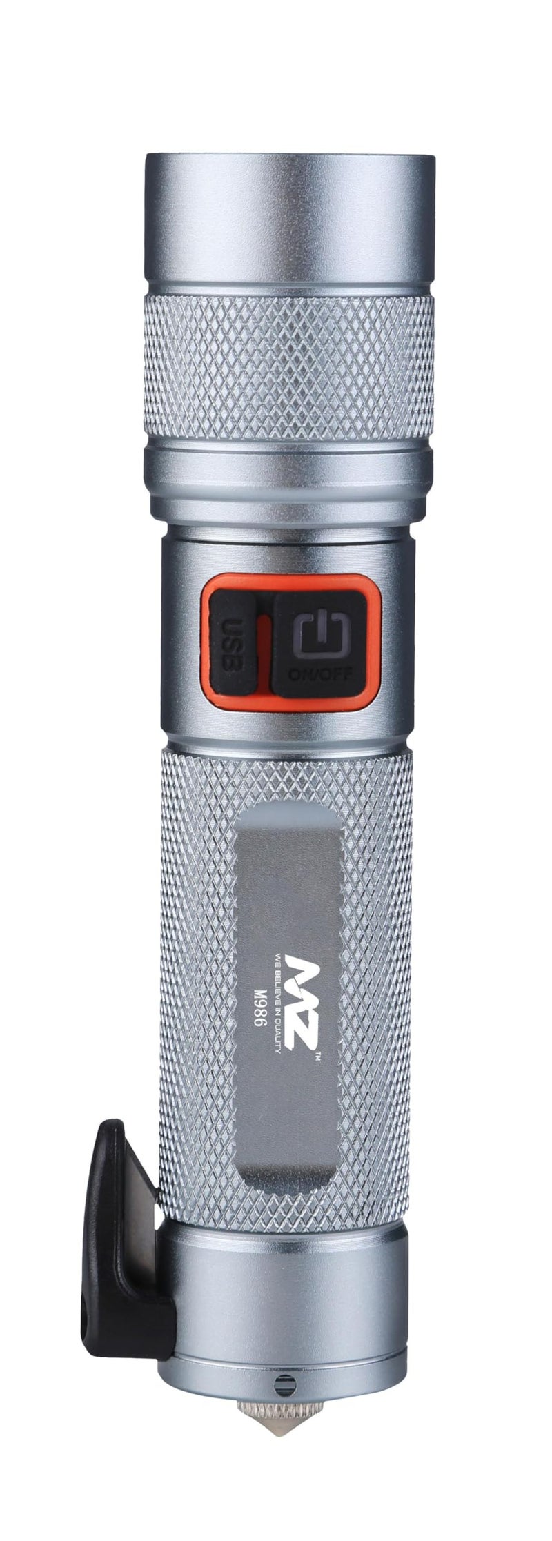 MZ M986 Car Emergency Light - Silver | with 3 Different Modes, Hammer and Seatbelt Cutter | Zoomable Torch Emergency Car Escape Tool | Window Breaker - Image 1