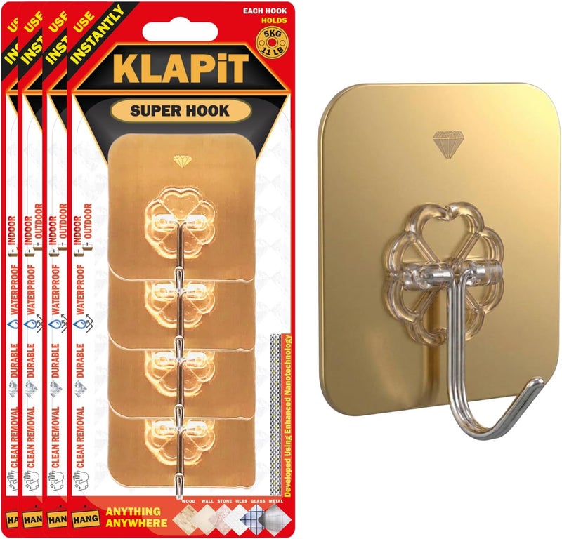 KLAPiT SUPER HOOK Heavy Duty Adhesive, Holds 11 pounds or 5Kg Weight, Waterproof and Damage Free for Wall, Tile, Wood, Stone, Glass, Metal, Made of Steel (Gold, 16pc) - Image 1