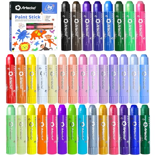 Artecho Tempera Paint Sticks, 36 Colors Washable Paint Sticks Including 12 Vibrant Colors, 12 Pastel Colors, 6 Neon Colors and 6 Metallic Colors - Image 1