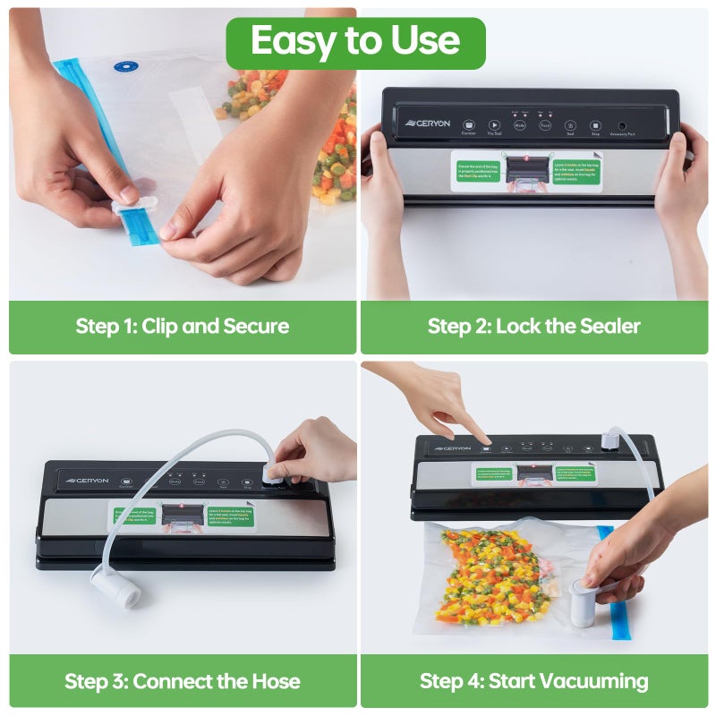 GERYON Vacuum Sealer Machine â€“ Automatic Food Vacuum Sealer for Dry & Moist Food, Compact with LED Touch Panel, Includes Zipper Bags & Roll, Perfect for Sous Vide & Freezer Storage (Silver) - Image 3