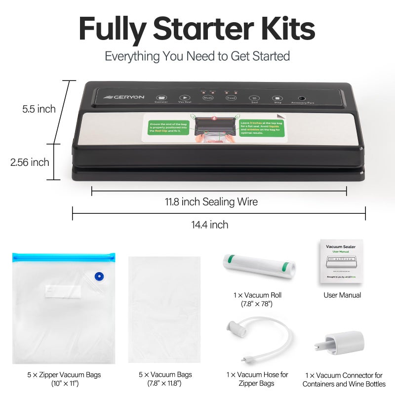 GERYON Vacuum Sealer Machine â€“ Automatic Food Vacuum Sealer for Dry & Moist Food, Compact with LED Touch Panel, Includes Zipper Bags & Roll, Perfect for Sous Vide & Freezer Storage (Silver) - Image 2