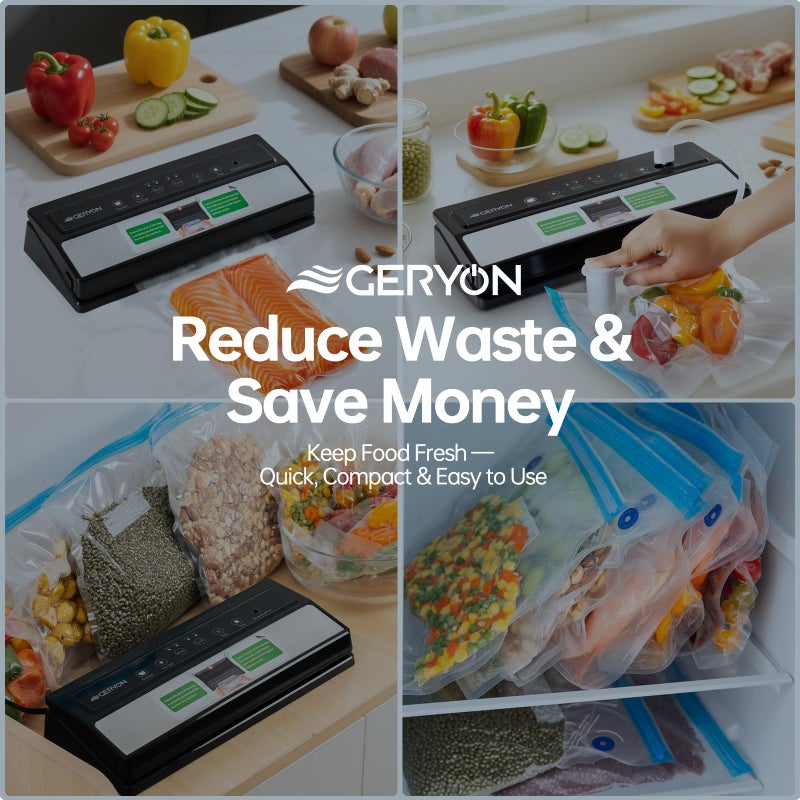 GERYON Vacuum Sealer Machine â€“ Automatic Food Vacuum Sealer for Dry & Moist Food, Compact with LED Touch Panel, Includes Zipper Bags & Roll, Perfect for Sous Vide & Freezer Storage (Silver) - Image 4