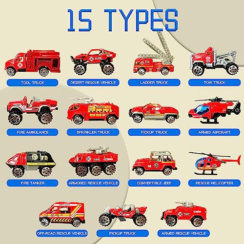 OTONOPI 15 Pack Fire Truck Toys Set Fire Engine Emergency Vehicles Die Cast Mini Rescue Emergency Car Toy with Pull Back Function Rescue Red Toy Truck Gift for Kids Boy and Girl Age 312 - Image 5