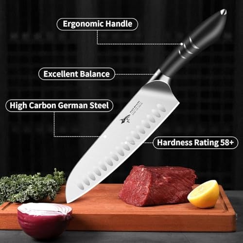 MAD SHARK 8 Inch Santoku Knife - Ultra Sharp Japanese Kitchen Knife with High Carbon German Steel, Ergonomic Handle, Ideal for Slicing, Dicing, Cutting - Unique Gift for Chefs, Men & Women (Black) - Image 3
