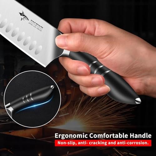 MAD SHARK 8 Inch Santoku Knife - Ultra Sharp Japanese Kitchen Knife with High Carbon German Steel, Ergonomic Handle, Ideal for Slicing, Dicing, Cutting - Unique Gift for Chefs, Men & Women (Black) - Image 5