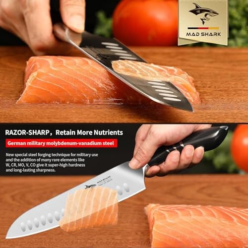 MAD SHARK 8 Inch Santoku Knife - Ultra Sharp Japanese Kitchen Knife with High Carbon German Steel, Ergonomic Handle, Ideal for Slicing, Dicing, Cutting - Unique Gift for Chefs, Men & Women (Black) - Image 4