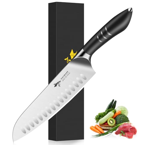 MAD SHARK 8 Inch Santoku Knife - Ultra Sharp Japanese Kitchen Knife with High Carbon German Steel, Ergonomic Handle, Ideal for Slicing, Dicing, Cutting - Unique Gift for Chefs, Men & Women (Black) - Image 1