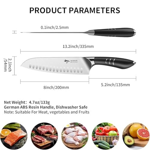 MAD SHARK 8 Inch Santoku Knife - Ultra Sharp Japanese Kitchen Knife with High Carbon German Steel, Ergonomic Handle, Ideal for Slicing, Dicing, Cutting - Unique Gift for Chefs, Men & Women (Black) - Image 2