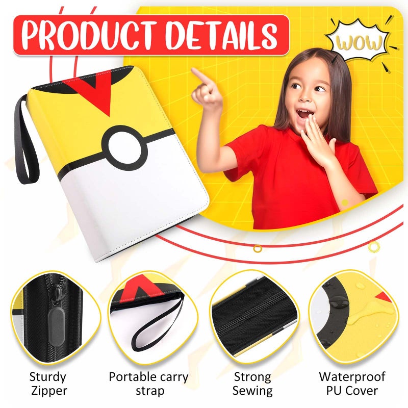 Easyfun Card Binder 4 Pocket, Trading Card Holder Fits 400 Cards With 50 Removable Sleeves, Portable Collection Card Ablum, Game Card Case book With Zipper for Gift Yellow - Image 3