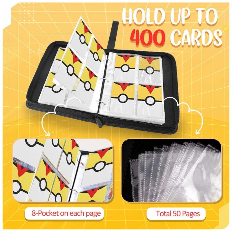 Easyfun Card Binder 4 Pocket, Trading Card Holder Fits 400 Cards With 50 Removable Sleeves, Portable Collection Card Ablum, Game Card Case book With Zipper for Gift Yellow - Image 4