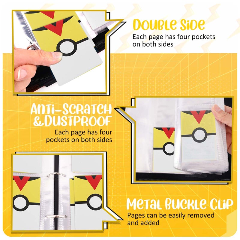 Easyfun Card Binder 4 Pocket, Trading Card Holder Fits 400 Cards With 50 Removable Sleeves, Portable Collection Card Ablum, Game Card Case book With Zipper for Gift Yellow - Image 5