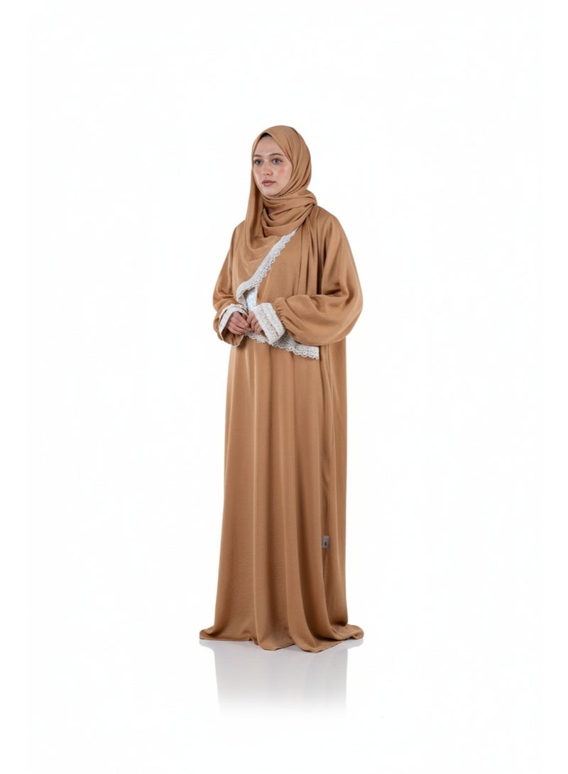 KESSAA Larin Women’s Premium Prayer Isdal – Luxury Silk-Cotton Full-Coverage Salah Dress with Integrated Head Scarf | Lightweight, Breathable, Modest Wear for Home, Travel & Mosque - Golden Beige - Image 1